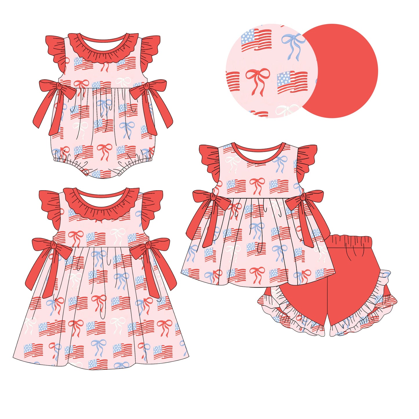 Baby Girl July 4th Flags Bows Sibling Romper Dress Set ( Moq 5 Each Style ) 1.10