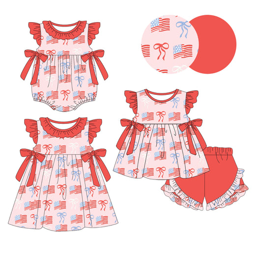Baby Girl July 4th Flags Bows Sibling Romper Dress Set ( Moq 5 Each Style ) 1.10