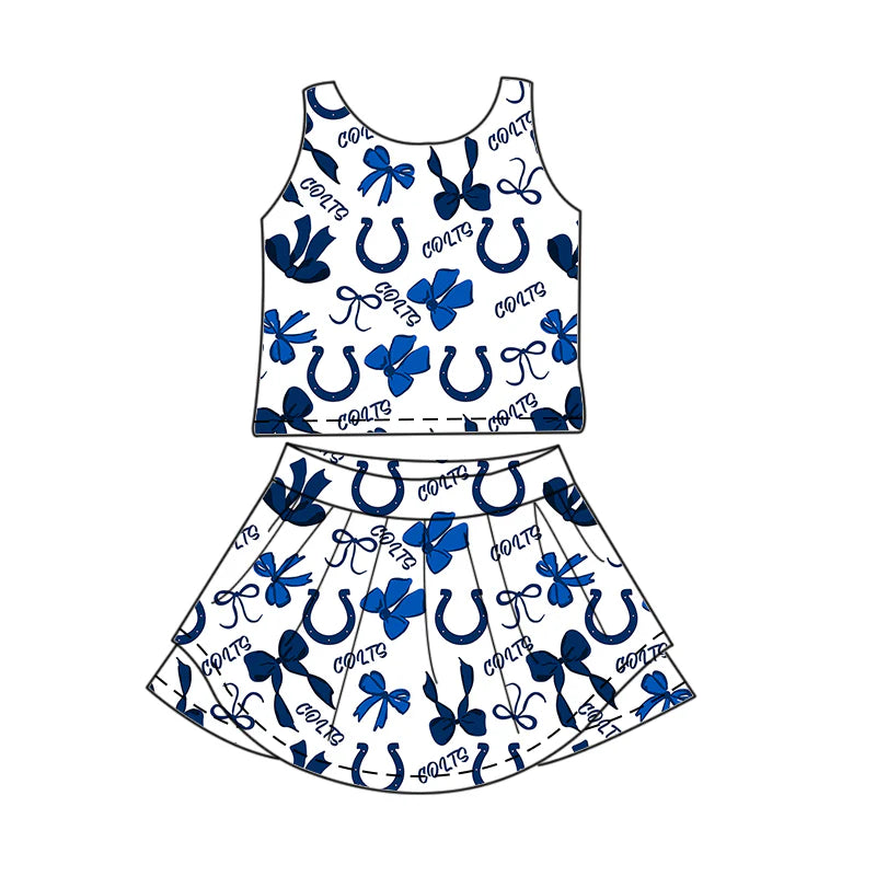 ( Moq 5 each style ) Baby Girl Toddler Blue Team Bows Sibling Skort Dress Set 6.6