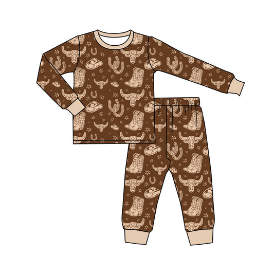 Baby Boy Long Sleeves Western Cow Boots Shirt Pants Pajamas Set