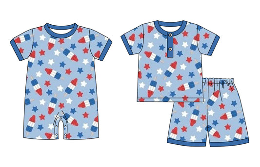 ( Moq 5 Each Style ) Sibling Baby Boys Kids Short Sleeves Popsicle Stars 4th of July Blue Romper Set