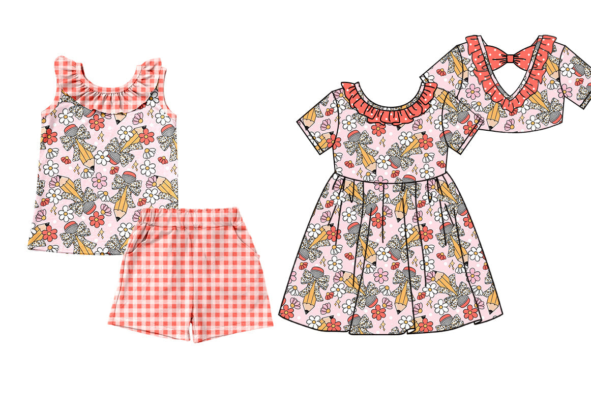 Baby Girl Back To School Pencil Flower Bows Sibling Dress Set ( Moq 5 Each Style ) 1.16