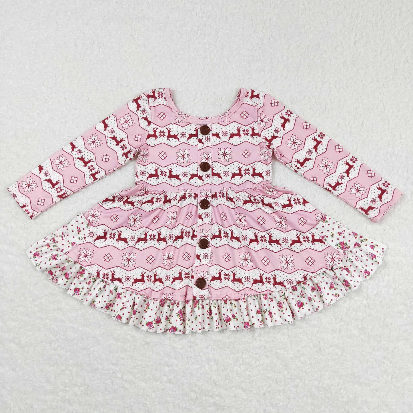 GLD0433 Baby Girl Christmas Long Sleeves Reindeer Pink Twirl Dress