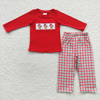 BLP0202 Baby Boy Red Long Sleeves Plaid Pants Embroidery Gingerbread Outfit Christmas Pajamas