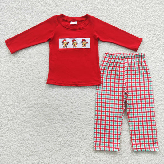 BLP0202 Baby Boy Red Long Sleeves Plaid Pants Embroidery Gingerbread Outfit Christmas Pajamas