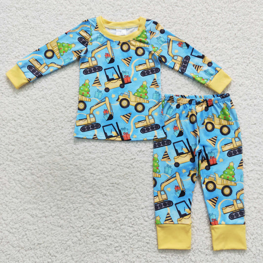 BLP0309 Baby Boy Long Sleeves Christmas Construction Shirt Pants Christmas Outfit Pajamas