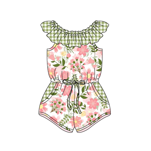 Moq 3 Pre-order SR1328 Baby Girl Floral Plaid Pocket Shorts Summer Jumpsuit