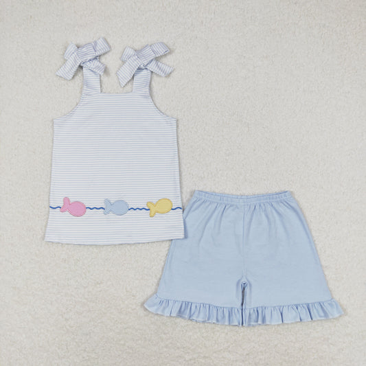 Baby Girl Sleeveless Embroidery Fish Stripes Tops Blue Shorts Set