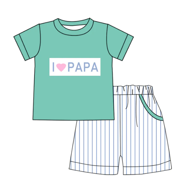 Moq 3 Pre-order BSSO0768 Baby Boy Short Sleeves I Love Papa Shirt Stripes Pocket Shorts Summer Set