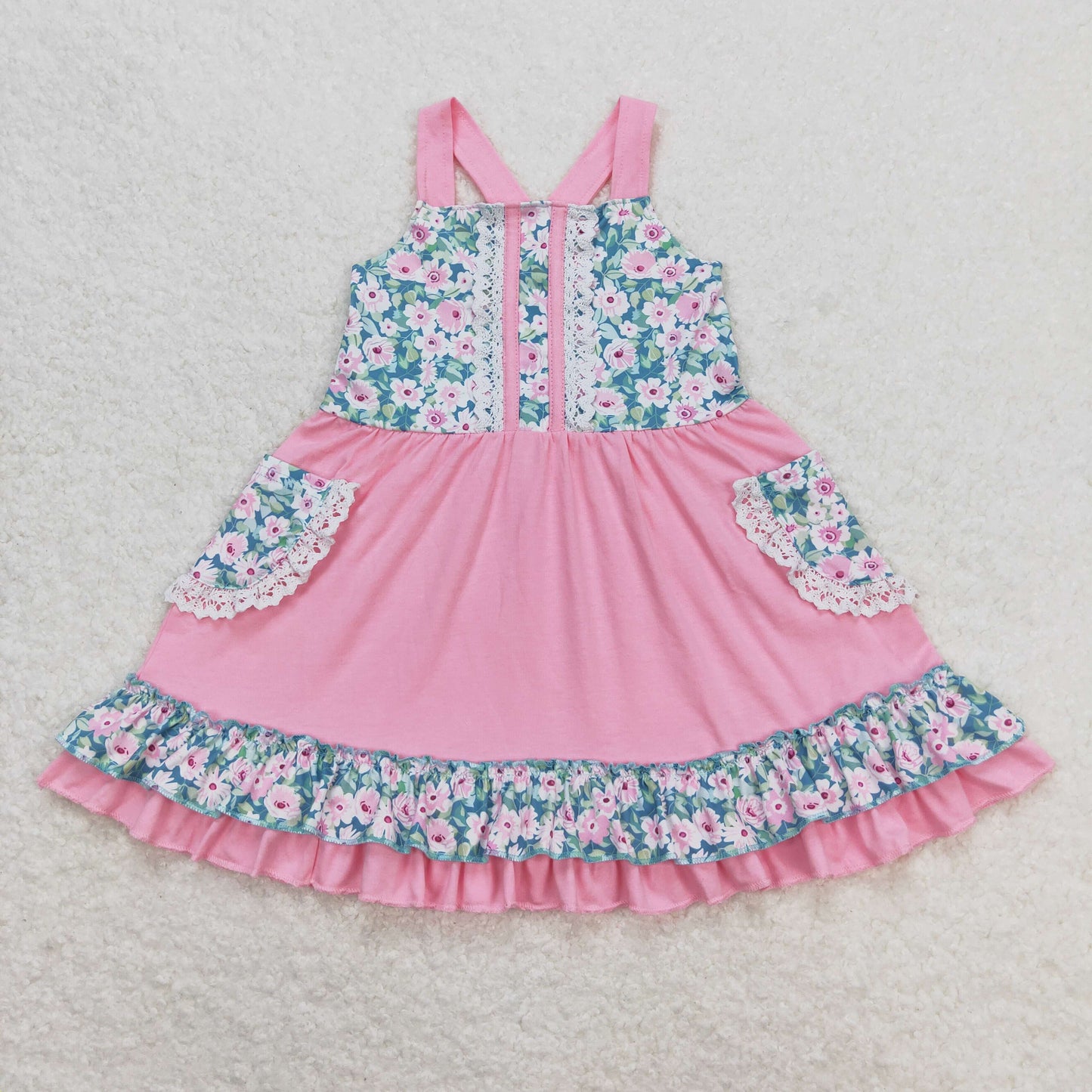 Baby Girl Sleeveless Floral Pocket Pink Ruffle Dress