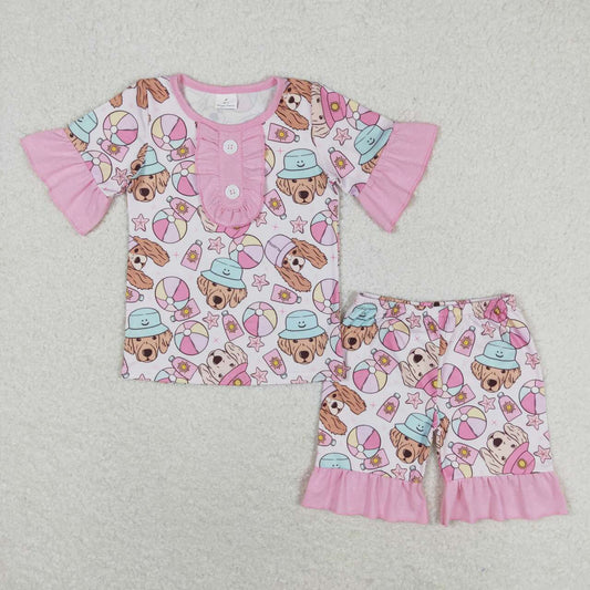 Baby Girl Short Sleeves Dogs Ball Shirt Shorts Summer Pajamas Set