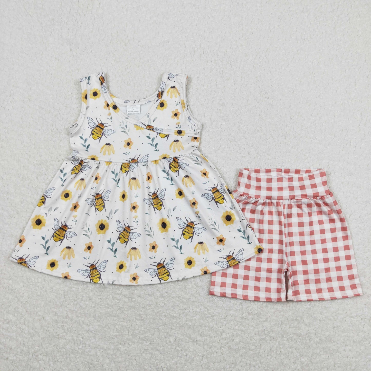 Baby Girl Sleeveless Bee Floral Tunic Plaid Shorts Summer Set