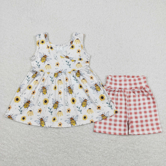 Baby Girl Sleeveless Bee Floral Tunic Plaid Shorts Summer Set