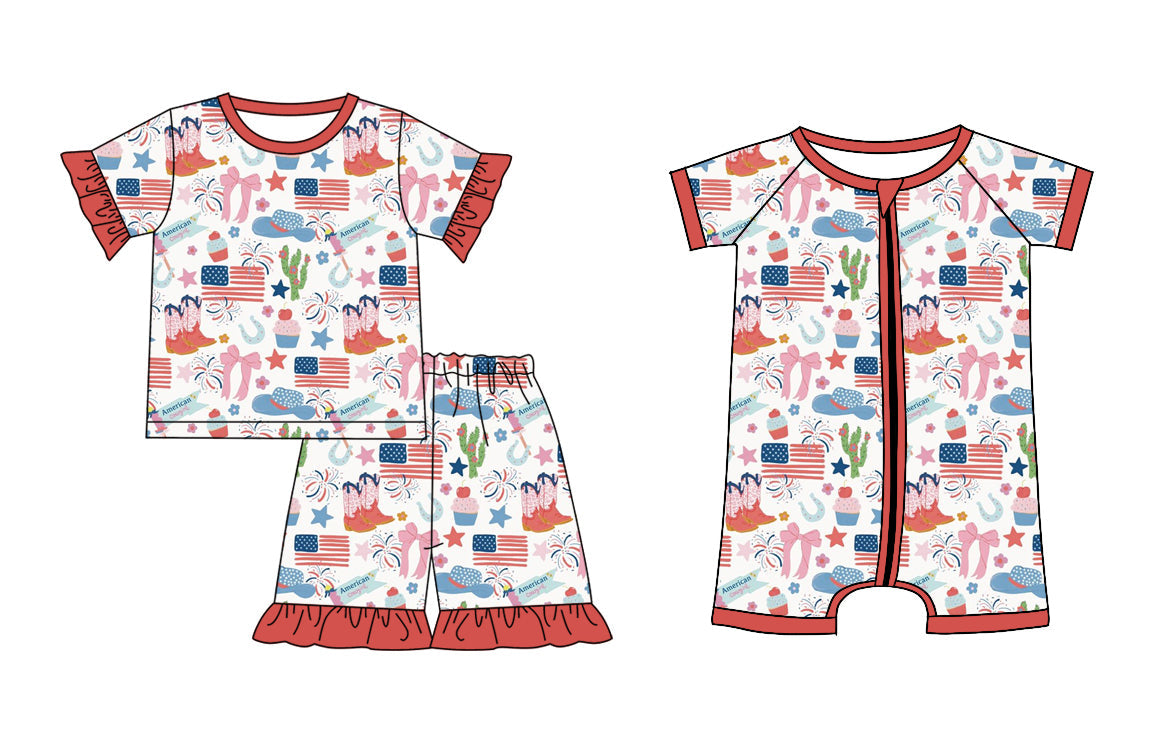 Baby Girl Short Sleeves July 4th Flags Western Sibling Romper Set ( Moq 5 Each Style ) 12.24