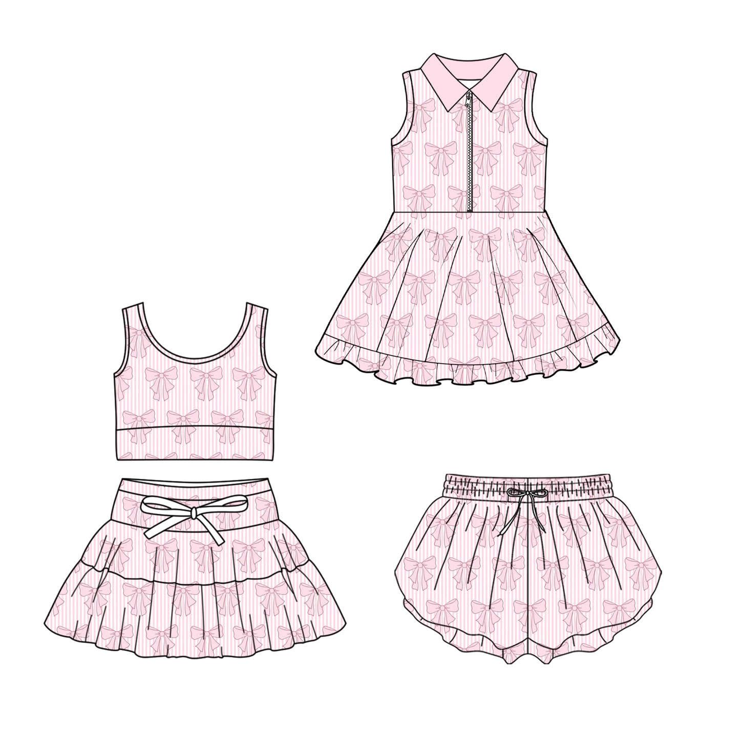 ( Moq 5 Each Style ) Sibling Baby Girls Toddler Pink Bows Stripes Zipper Dress Shorts Set