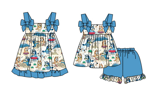 Baby Girl Straps Blue Bows Dogs Sibling Dress Set ( Moq 5 Each Style ) 2.24