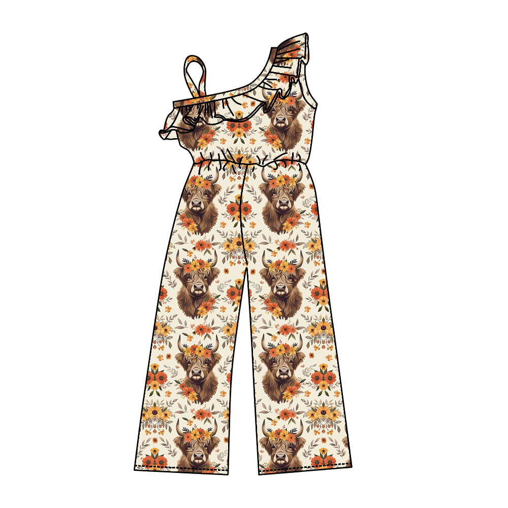 Baby Girl Cow Flower Western Pants Ruffle Jumpsuit