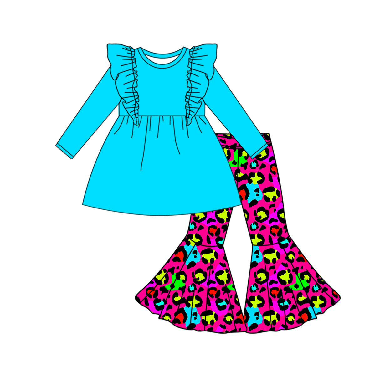 Baby Girl Long Sleeves Blue Cotton Ruffle Tops Leopard Bell Pants Set