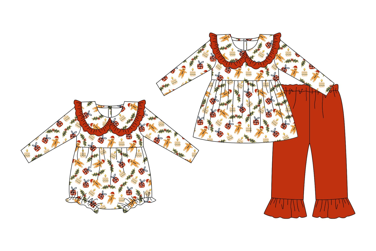 ( Moq 5 Each Style ) Baby Kids Toddler Gingerbread Christmas Sibling Romper Dress