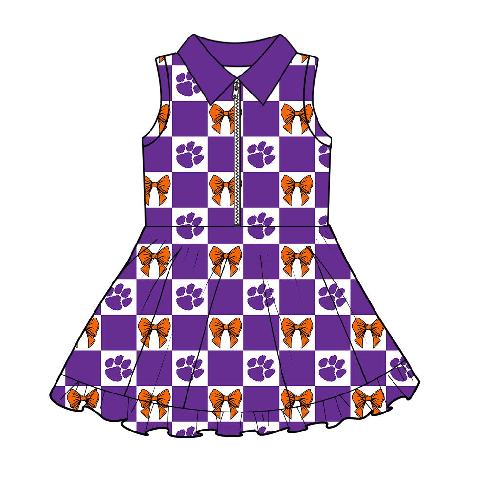 ( Moq 5 ) Baby Girls Kids Toddler Bows Purple Checked Team Zipper Shorts Knee Length Dress