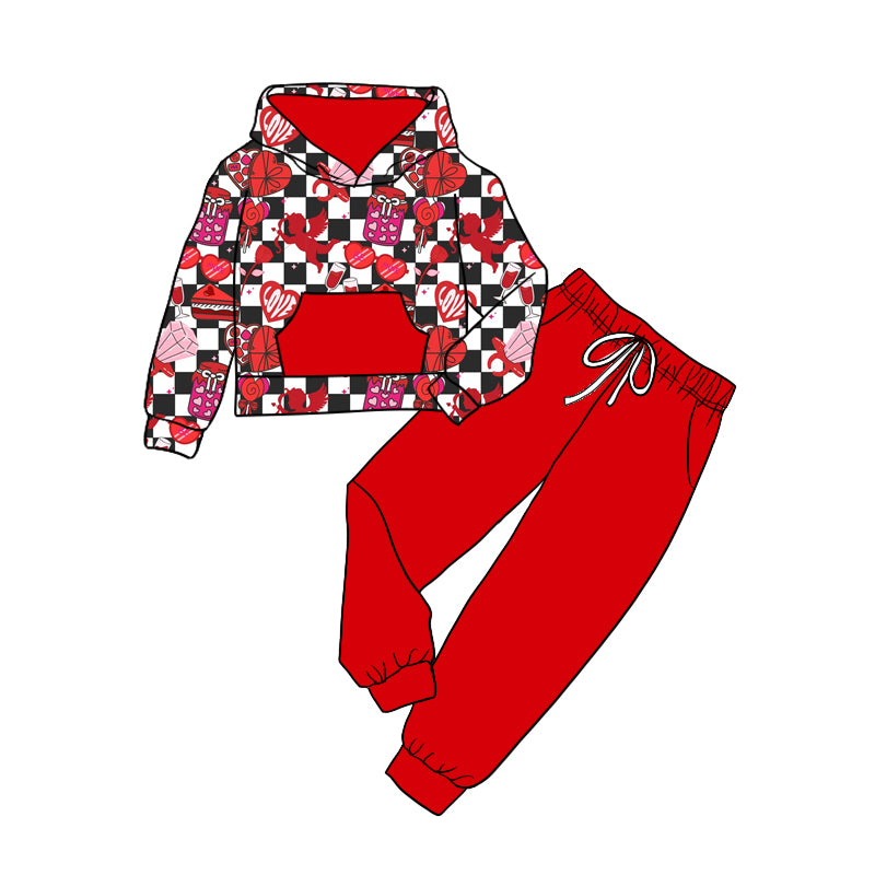 Baby Girl Toddler Valentine Hoodie Hearts Checkered Shirt Red Pants Set