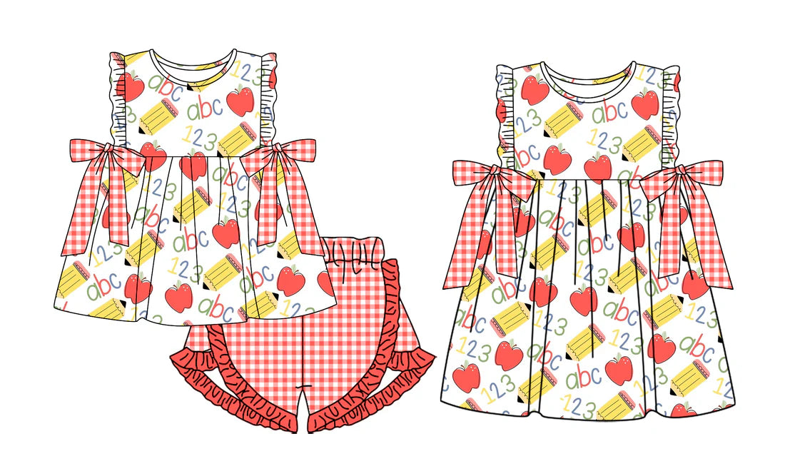 ( Moq 5 Each Style ) Baby Girls Kids Pencil Apple Sibling Back to School Dress Set