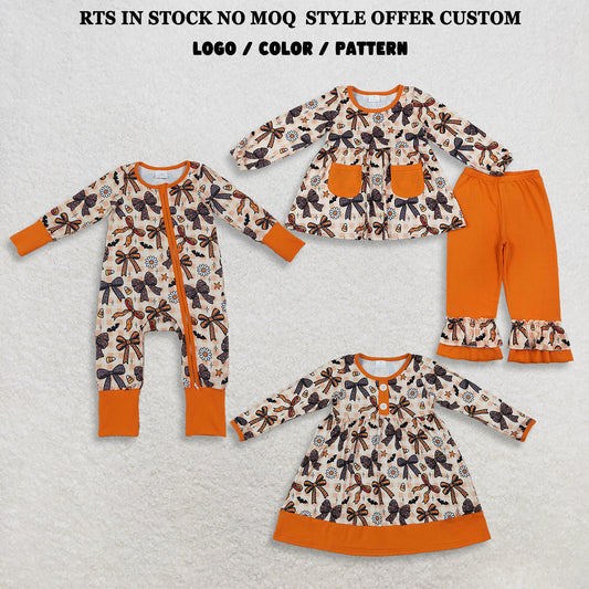 Sibling Girls Kids Long Sleeves Halloween Bows Flower Romper Dress Set Fall Clothes RTS