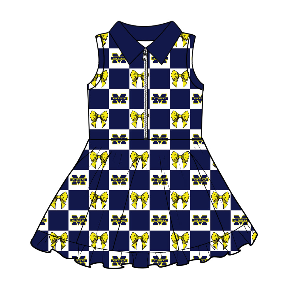 ( Moq 5 ) Baby Girls Kids Toddler Yellow Bows Navy Plaid Team Zipper Shorts Knee Length Dress