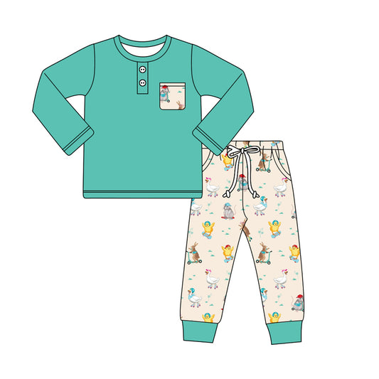 Baby Boy Toddler Long Sleeves Green Shirt Farm Animals Pants Set