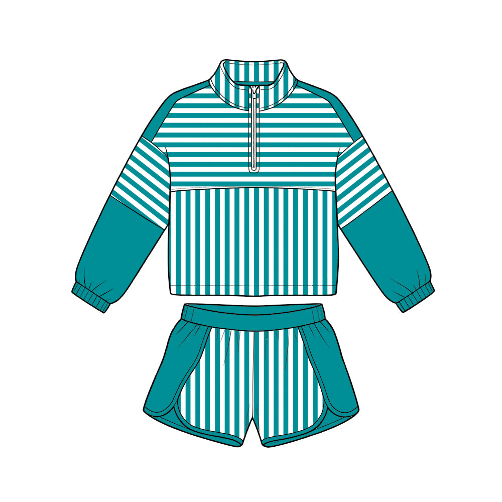 ( Moq 5 ) Baby Girls Kids Long Sleeves Zipper Pullover Stripes Shorts Team Set Clothes
