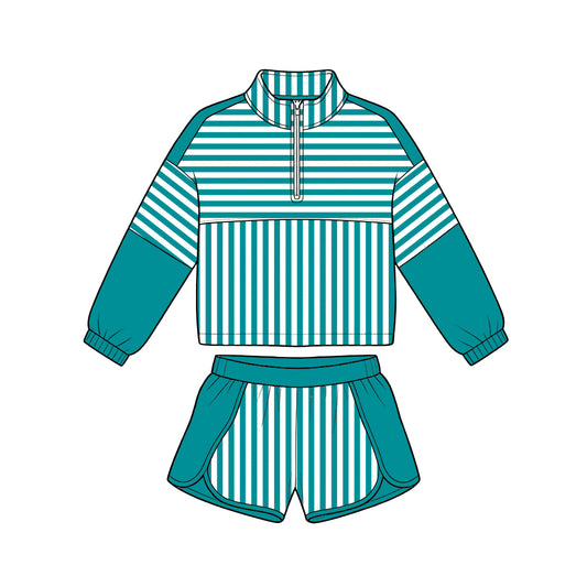 ( Moq 5 ) Baby Girls Kids Long Sleeves Zipper Pullover Stripes Shorts Team Set Clothes