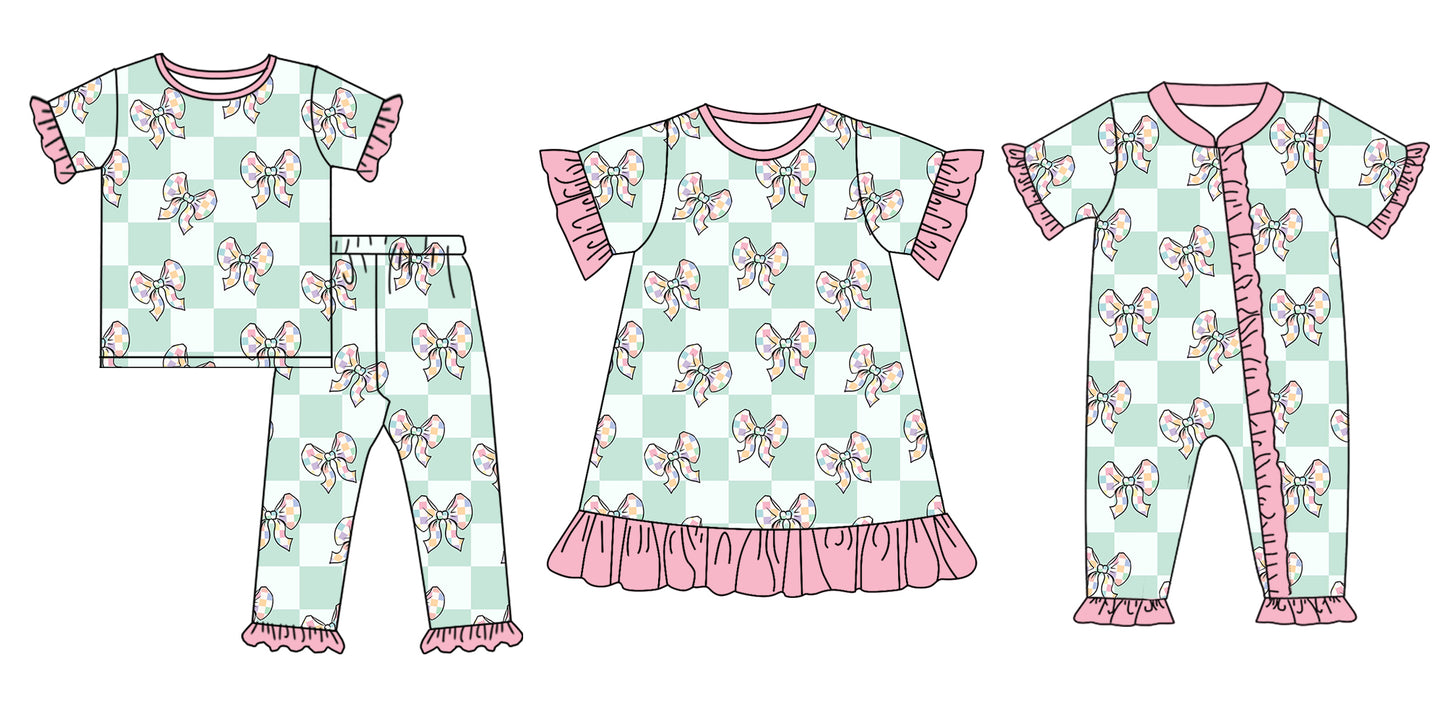Baby Girl Bows Checkered Sibling Matching Dress Romper Clothes Set ( Moq 5 Each style )