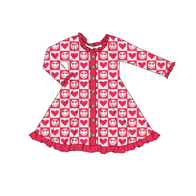 Baby Girl Long Sleeves Valentine Smile Hearts Buttons Pink Dress