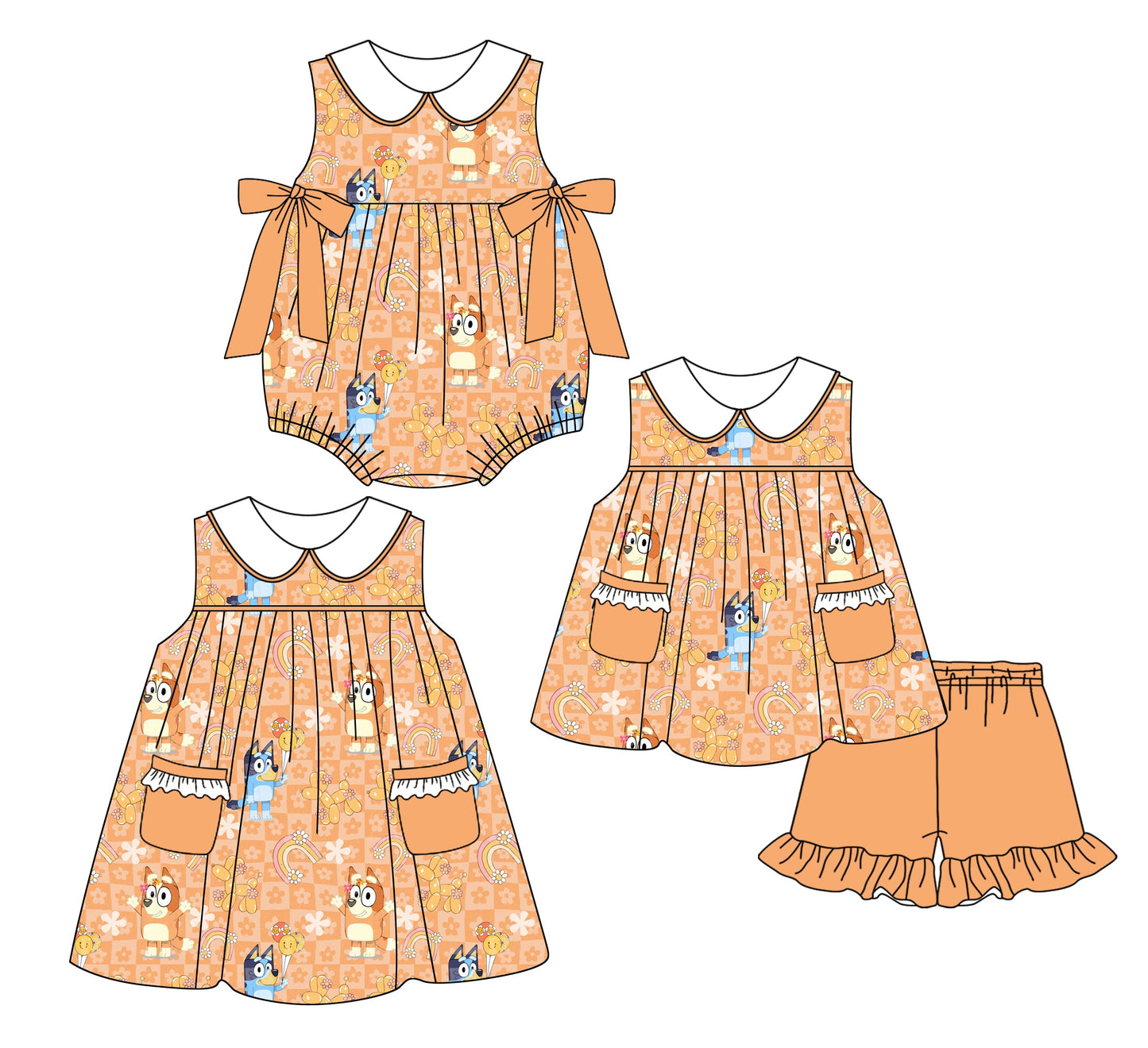 Baby Girl Sleeveless Bows Dogs Flower Sibling Romper Dress Set ( Moq 5 Each Style ) 2.28