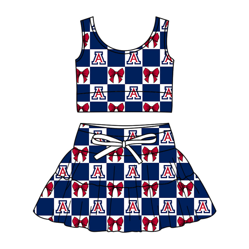 ( Moq 5 ) Baby Girls Kids Bows Navy Checked Tops Shorts Skirt Team Set