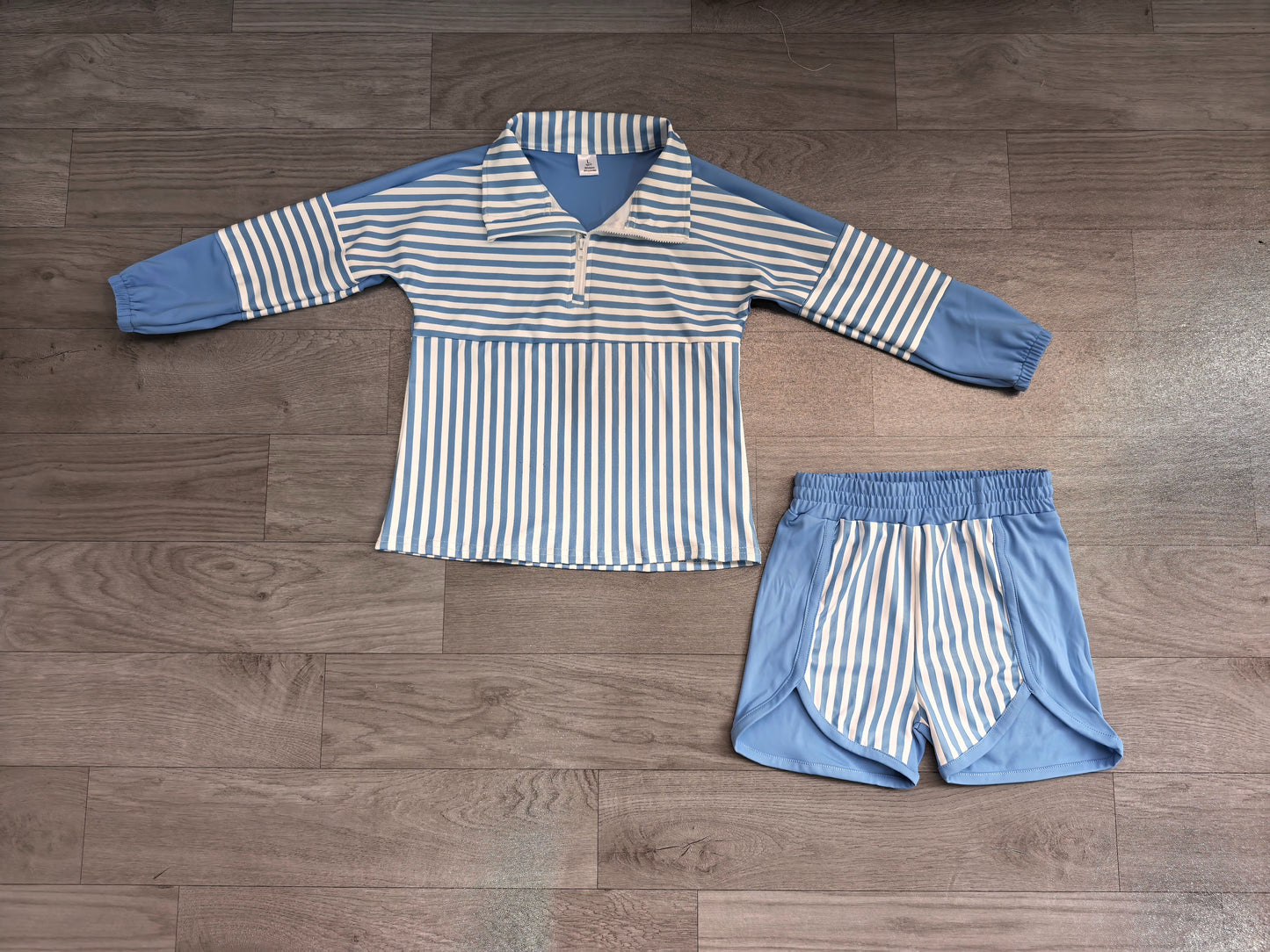 ( No moq ) Preorder Baby Girls Kids Duck Blue Stripes Zipper Pullover Shorts Yoga Active Set Clothes