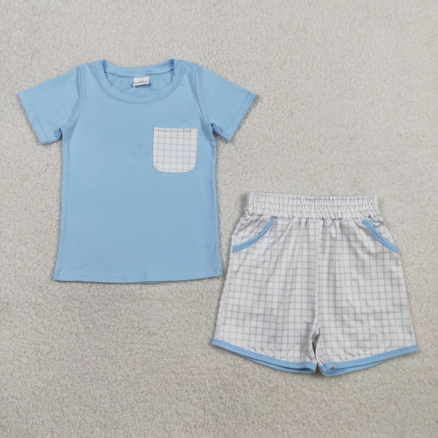 Baby Boys KIds Blue Short Sleeves Shirt Plaid Pockets Shorts Clothes Summer Set RTS