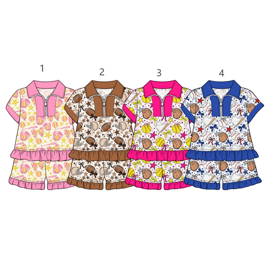 ( Moq 5 Each Style ) Sibling Baby Girls Kids Short Sleeves Zipper Shirt Shorts Sets Ball Game Clothes