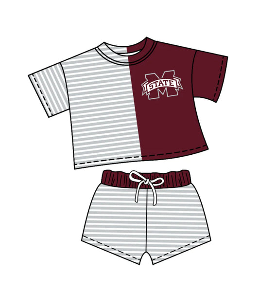 ( Moq 5 ) Baby Girls Short Sleeves M State Shirt Stripes Shorts Team Clothes Set