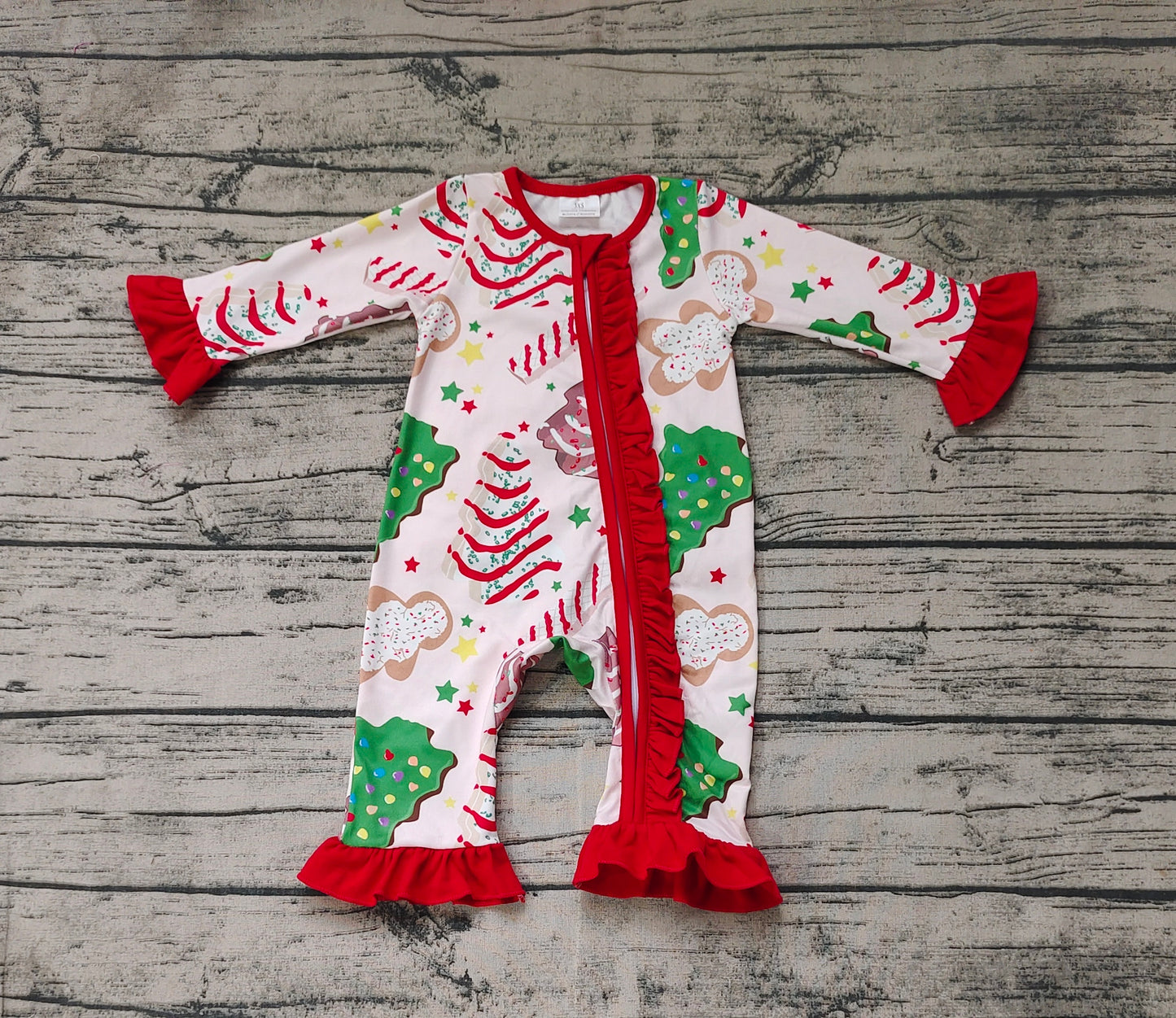 Baby Girl Long Sleeves Christmas Cake Trees Zipper Bamboo Romper