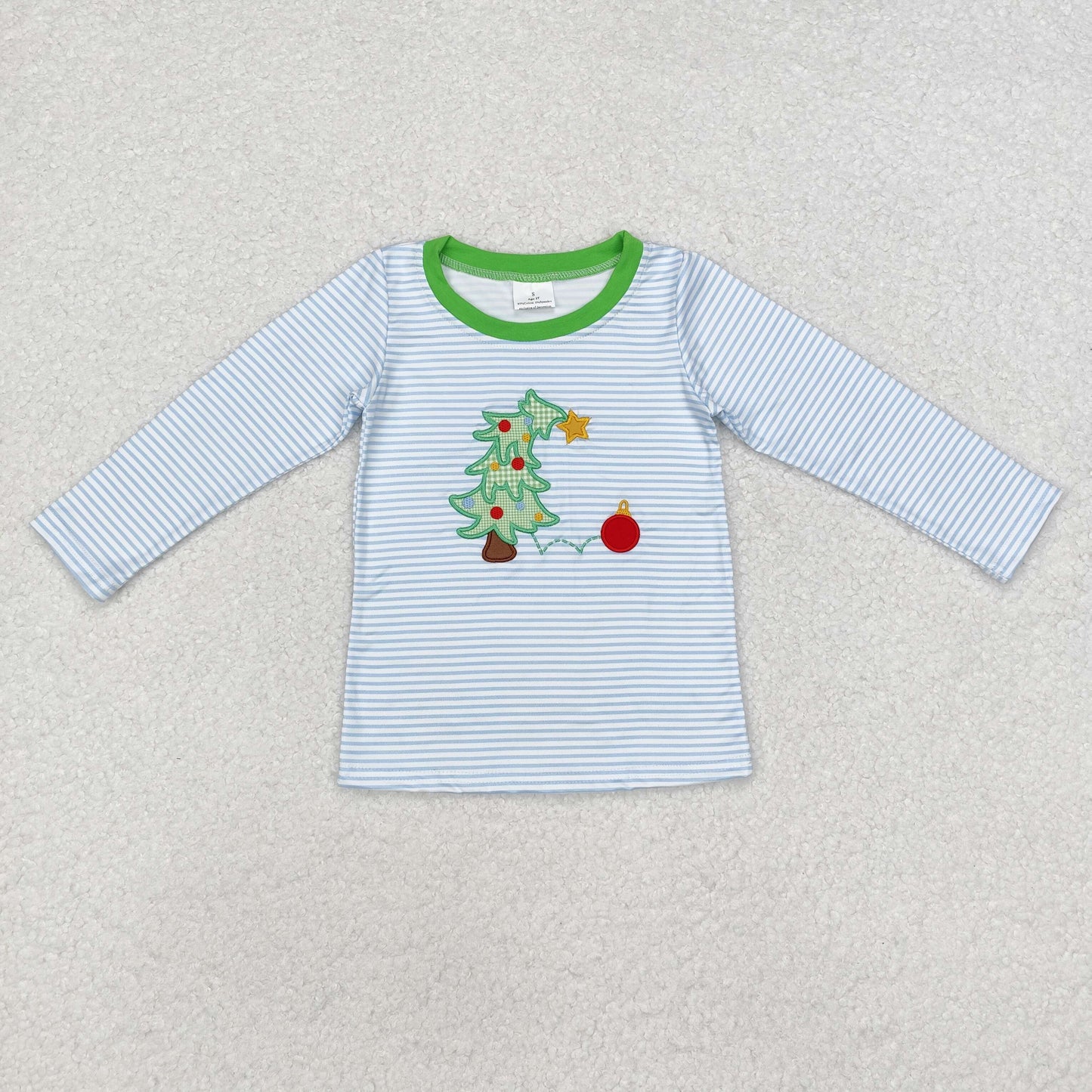 Baby Boy Long Sleeves Embroidery Christmas Blue Stripes Tree Shirt Tops