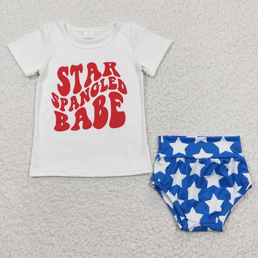 Promotion Baby Kids Short Sleeves Shirt Stars Blue Bummie 4th Of July Outfit