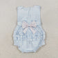 RTS Baby Girl Infant Sleeveless Blue Plaid Embroidery Bows Ruffle Bubble Romper