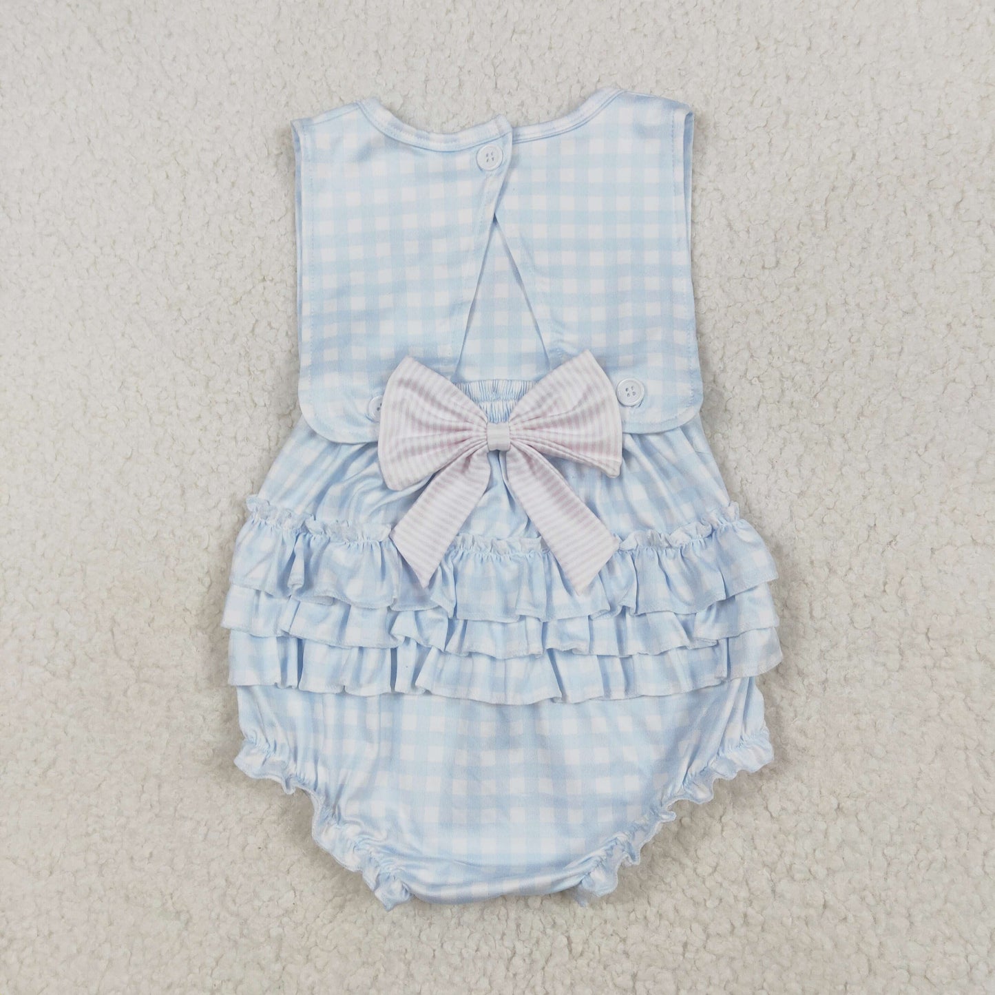 RTS Baby Girl Infant Sleeveless Blue Plaid Embroidery Bows Ruffle Bubble Romper