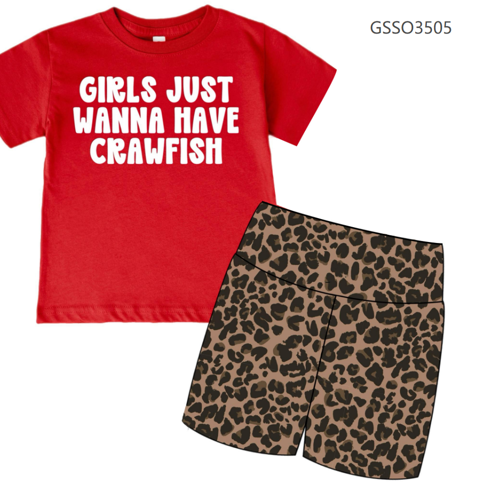 ( Moq 5 ) Preorder Baby Girls Short Sleeves Red Shirt Leopard Shorts Summer Set Clothes
