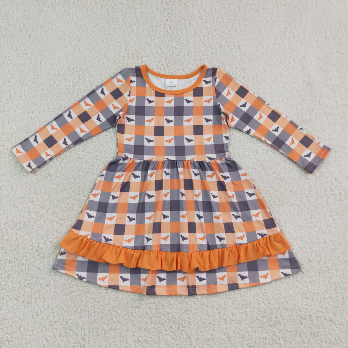 Baby Girls Kids Long Sleeves Bats Plaid Halloween Knee Length Dress RTS