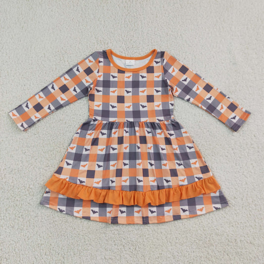 Baby Girls Kids Long Sleeves Bats Plaid Halloween Knee Length Dress RTS