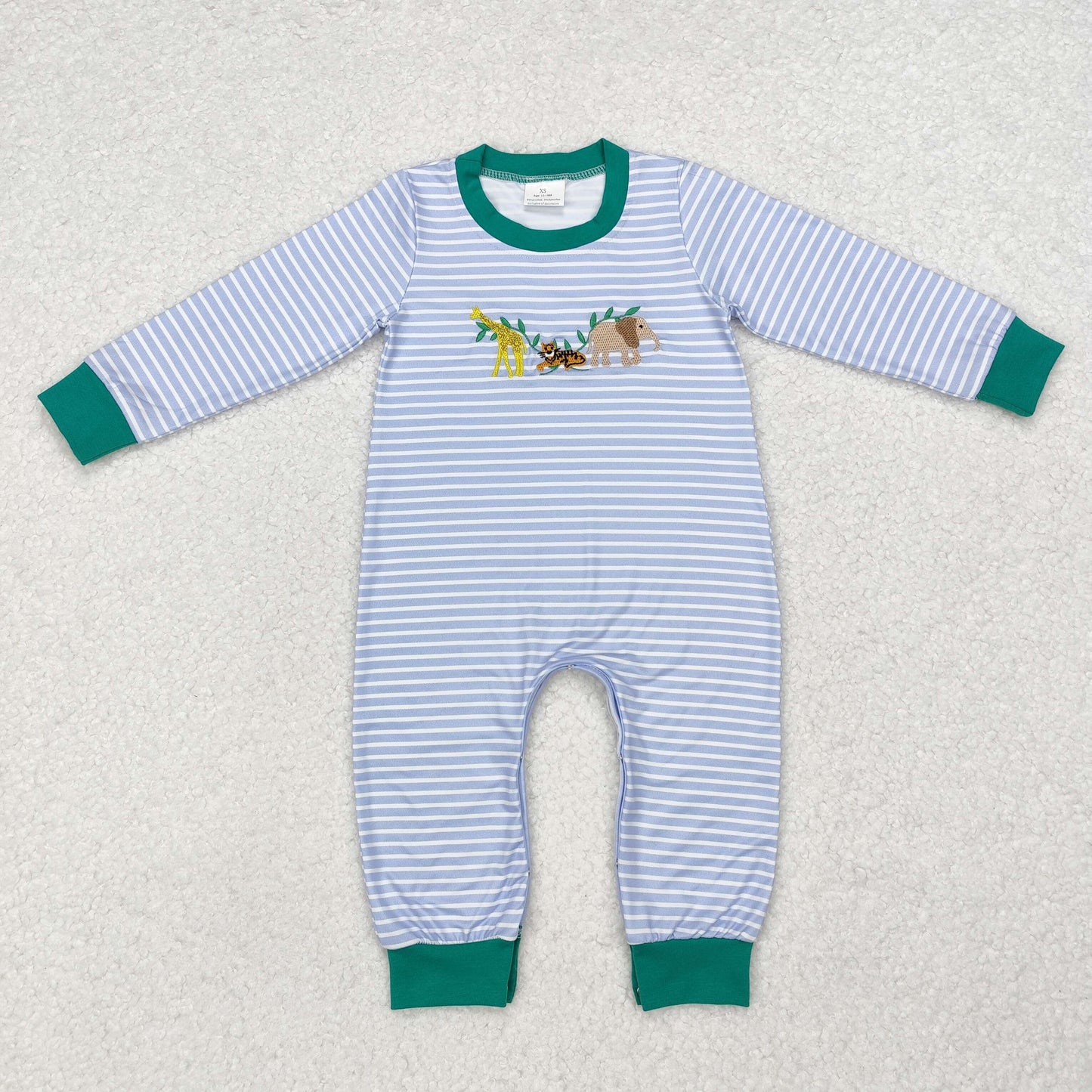 Baby Boy Long Sleeves Stripes Animals Elephant Embroidery Romper