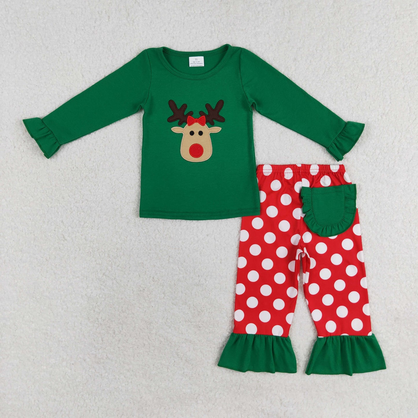 Baby Girl Christmas Embroidery Deer Green Tops Dots Red Pants Pajamas Set