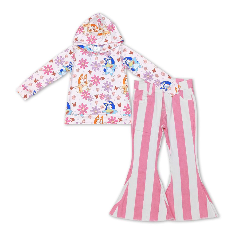 GLP1111 Baby Girl Dogs Floral Hoodie Shirt Pink Stripes Denim Pants Set